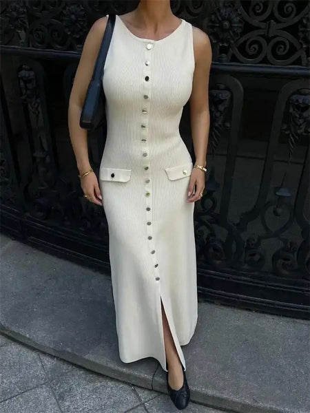 Du Luxe Soft Knit Dress in Beige - full-length shot on model, white - Miss Mosa By Akanksha