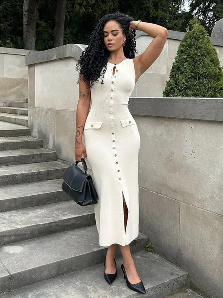 Du Luxe Soft Knit Dress in Beige - full-length shot on model, white - Miss Mosa By Akanksha