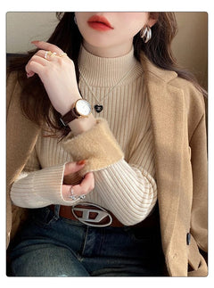 Dublo Fleece Lined Sweater - close-up of fur cuff on model, beige - Miss Mosa By Akanksha
