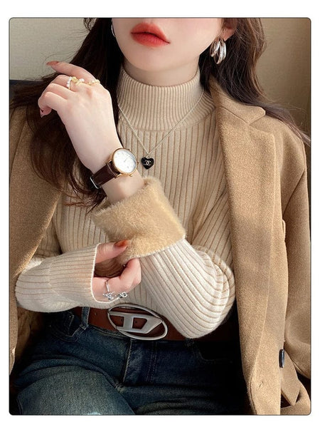 Dublo Fleece Lined Sweater - close-up of fur cuff on model, beige - Miss Mosa By Akanksha