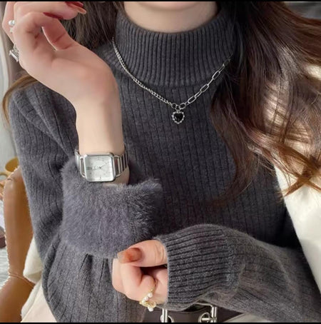 Dublo Fleece Lined Sweater - close-up of fur cuff on model, grey - Miss Mosa By Akanksha