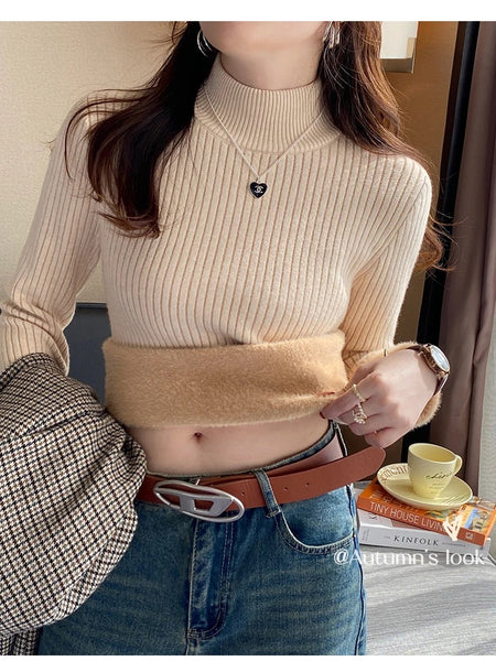 Dublo Fleece Lined Sweater - close-up of fur cuff on model, beige - Miss Mosa By Akanksha