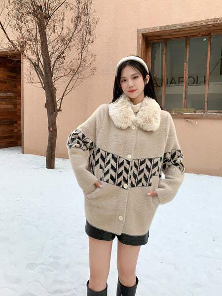 Dublo Woolen Short Coat with Fur - front shot on model outdoors, cream and black - Miss Mosa By Akanksha
