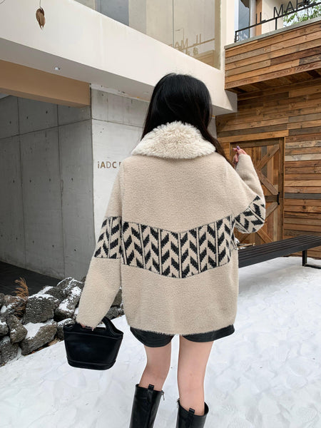 Dublo Woolen Short Coat with Fur - back shot on model outdoors, cream and black - Miss Mosa By Akanksha