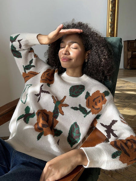 Dylan Floral Woolen Sweater - seated shot, cream with rust and green floral print - Miss Mosa By Akanksha