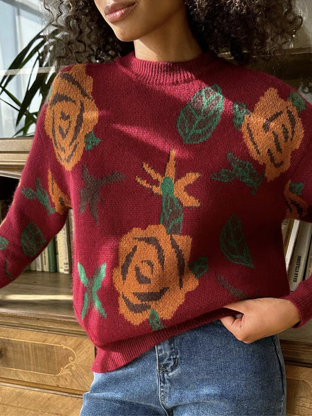 Dylan Floral Woolen Sweater - close-up shot, burgundy with rust and green floral print - Miss Mosa By Akanksha