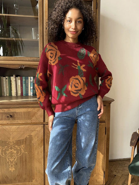 Dylan Floral Woolen Sweater - full-length shot, burgundy with rust and green floral print - Miss Mosa By Akanksha