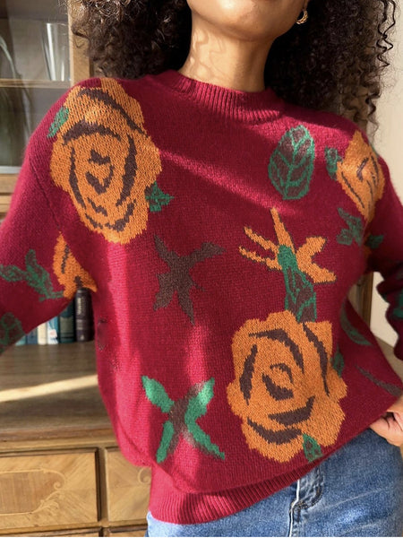 Dylan Floral Woolen Sweater - close-up shot, burgundy with rust and green floral print - Miss Mosa By Akanksha
