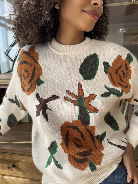 Dylan Floral Woolen Sweater - close-up shot, cream with rust and green floral print - Miss Mosa By Akanksha