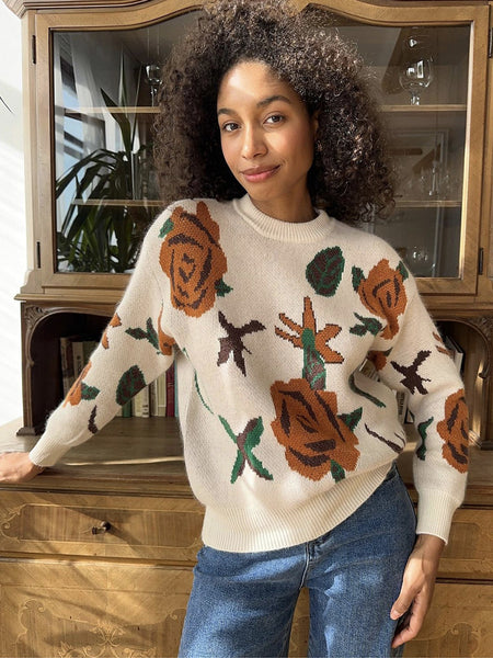 Dylan Floral Woolen Sweater - seated shot, cream with rust and green floral print - Miss Mosa By Akanksha