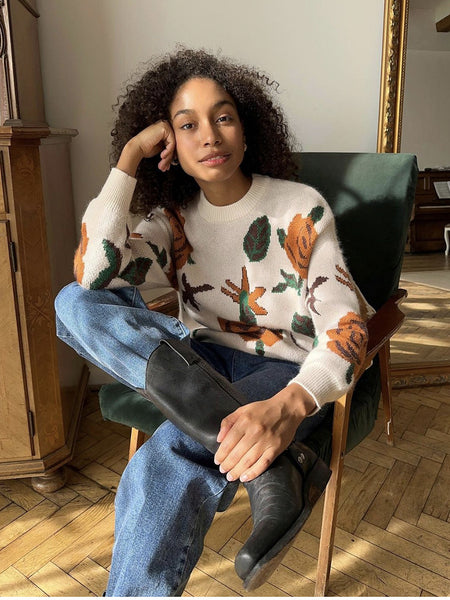 Dylan Floral Woolen Sweater - full-length shot, cream with rust and green floral print - Miss Mosa By Akanksha