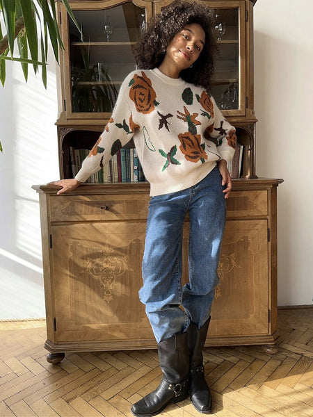 Dylan Floral Woolen Sweater - full-length shot, burgundy with rust and green floral print - Miss Mosa By Akanksha