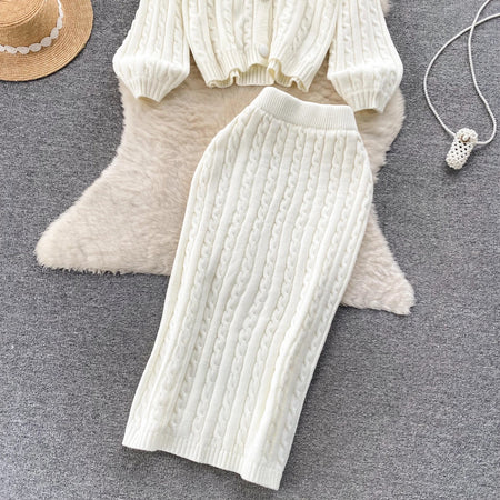 Crystella  Winter Coord Set - Set of Sweater and Skirt In Beige