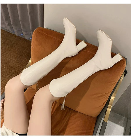 Drobe Premium Leather Boots with Heel In Beige