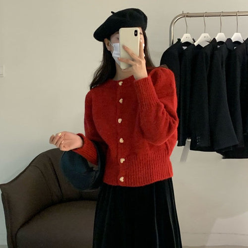 Audra Cute Woolen Sweater with Heart Detail In Red