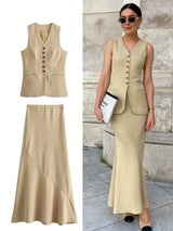 Cynthia Statement Vest Suit with Skirt In Beige