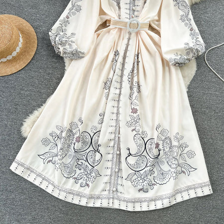 Ebanee Vintage Maxi Dress - close-up of embroidery detail, cream - Miss Mosa By Akanksha