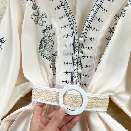 Ebanee Vintage Maxi Dress - close-up of belt detail, cream - Miss Mosa By Akanksha