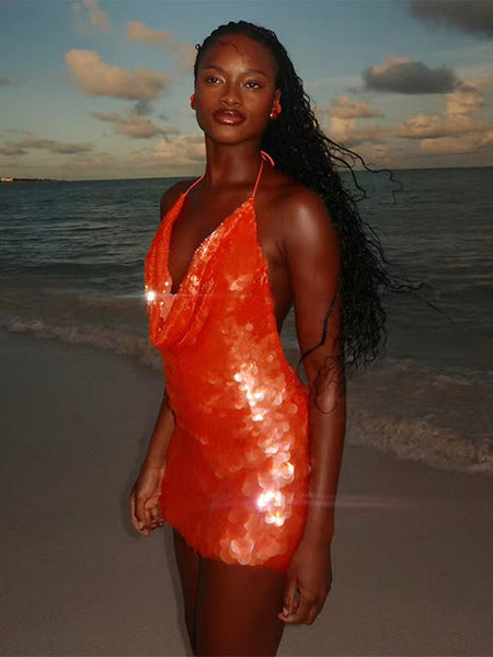 Edith Backless Sequin Mini Dress - three-quarter shot, orange - Miss Mosa By Akanksha