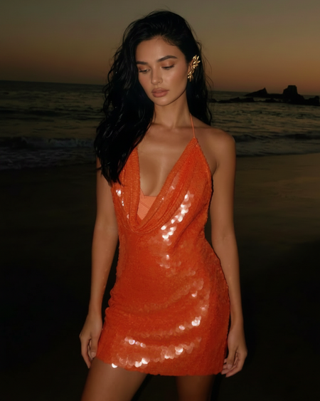 Edith Backless Sequin Mini Dress - three-quarter shot, orange - Miss Mosa By Akanksha