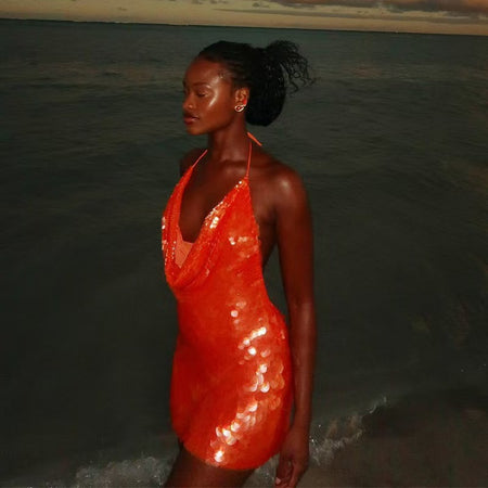 Edith Backless Sequin Mini Dress - three-quarter shot, orange - Miss Mosa By Akanksha