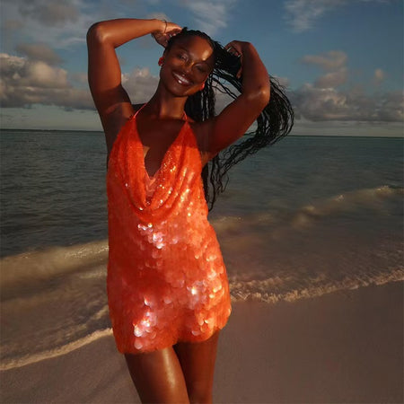 Edith Backless Sequin Mini Dress - three-quarter shot, orange - Miss Mosa By Akanksha