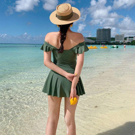 Edith Holiday Swimsuit - back shot on model, green - Miss Mosa By Akanksha