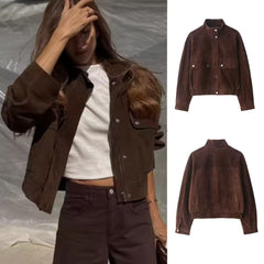 Edith Winter Suede Jacket - styled shot with flat-lay insets, dark brown - Miss Mosa By Akanksha
