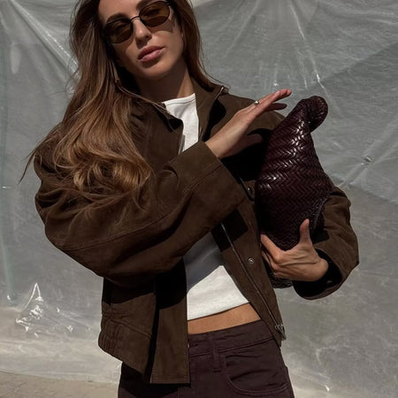 Edith Winter Suede Jacket - three-quarter front shot, dark brown - Miss Mosa By Akanksha