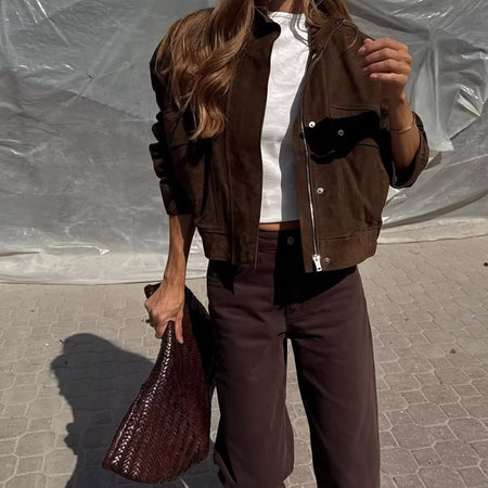 Edith Winter Suede Jacket - front shot, dark brown - Miss Mosa By Akanksha