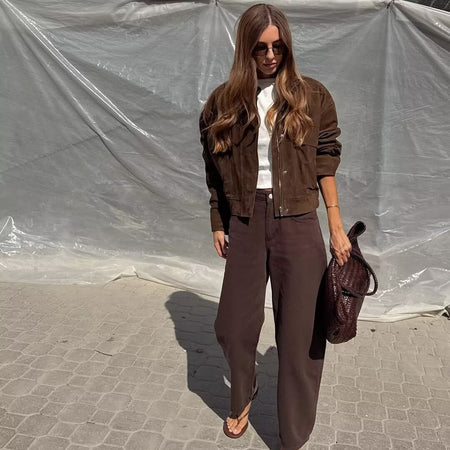 Edith Winter Suede Jacket - full-length front shot, dark brown - Miss Mosa By Akanksha