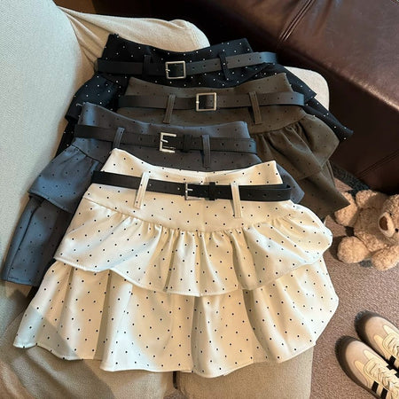 Effy Ruffle Polka Skorts With Belt - flat-lay shot, navy, grey and cream polka dot with belts - Miss Mosa By Akanksha