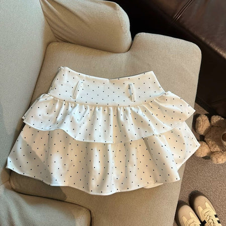 Effy Ruffle Polka Skorts With Belt - flat-lay shot, white with black polka dots - Miss Mosa By Akanksha