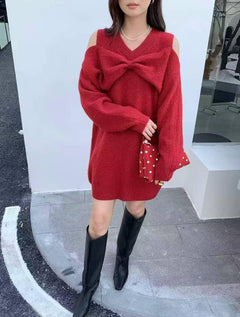 Eira Bow Mini Dress - front shot on model, red - Miss Mosa By Akanksha