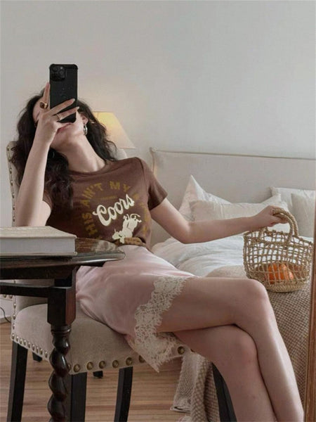 Eivor Satin Lace Mini Skorts - seated three-quarter shot, blush pink with cream lace - Miss Mosa By Akanksha