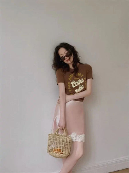 Eivor Satin Lace Mini Skorts - worn full-length shot, blush pink with cream lace - Miss Mosa By Akanksha