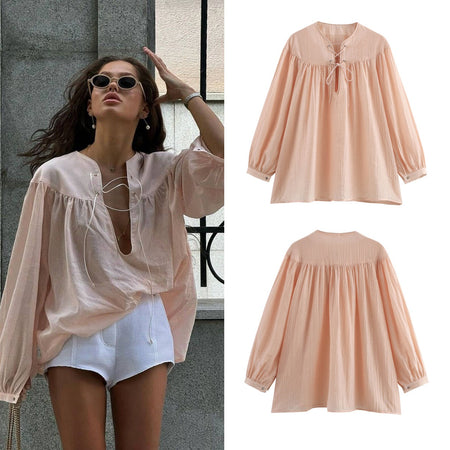 Elara Lace-Up Oversized Summer Top In Peach - front shot on model with flat-lay product panels - Miss Mosa By Akanksha