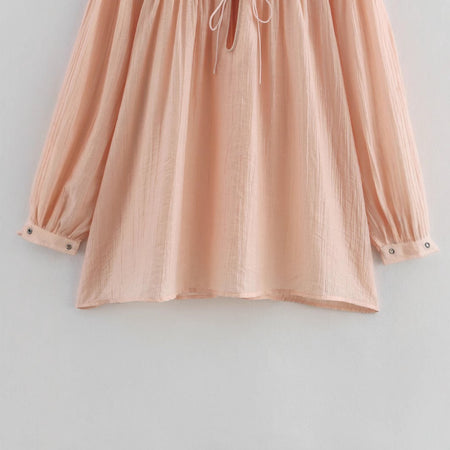 Elara Lace-Up Oversized Summer Top In Peach - close-up of gathered hem and cuff detail - Miss Mosa By Akanksha