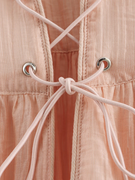 Elara Lace-Up Oversized Summer Top In Peach - close-up of lace-up neckline tie detail - Miss Mosa By Akanksha