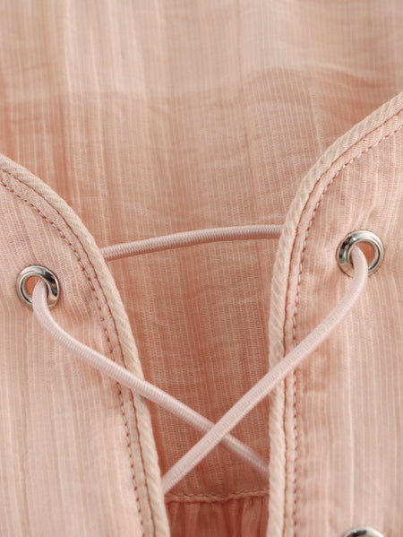 Elara Lace-Up Oversized Summer Top In Peach - close-up of eyelet and lacing detail - Miss Mosa By Akanksha