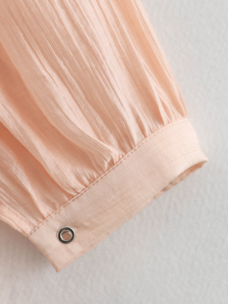 Elara Lace-Up Oversized Summer Top In Peach - close-up of cuff eyelet detail - Miss Mosa By Akanksha