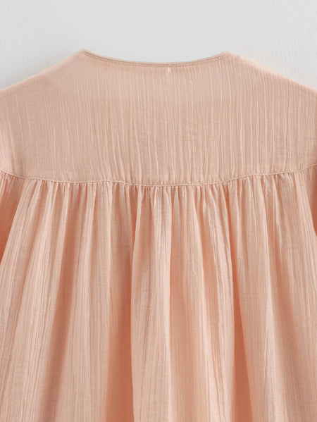 Elara Lace-Up Oversized Summer Top In Peach - back close-up of yoke and gather detail - Miss Mosa By Akanksha