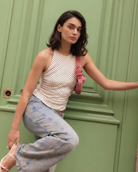 Elda Halterneck Polka Top - seated shot, cream with black polka dots - Miss Mosa By Akanksha