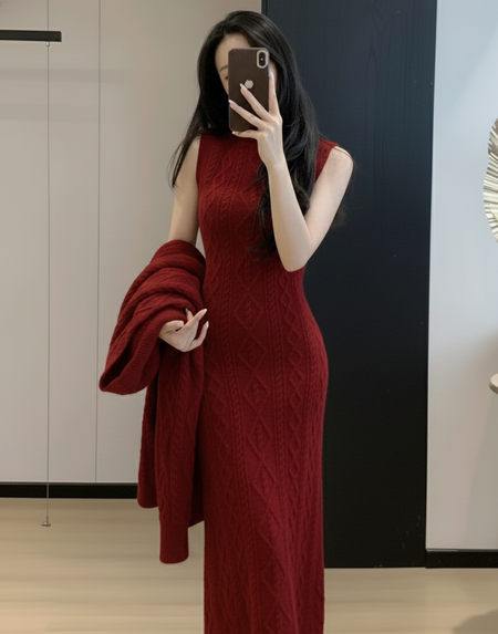 Elda Luxe Winter Dress With Cape - full-length front shot, dark red - Miss Mosa By Akanksha