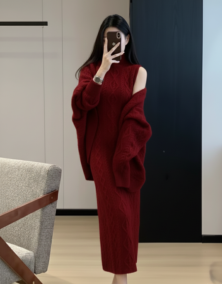 Elda Luxe Winter Dress With Cape - full-length front shot, dark red - Miss Mosa By Akanksha
