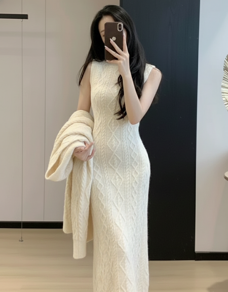 Elda Luxe Winter Dress With Cape - full-length front shot, cream - Miss Mosa By Akanksha