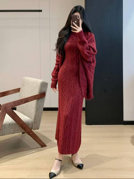 Elda Luxe Winter Dress With Cape - full-length front shot, dark red - Miss Mosa By Akanksha