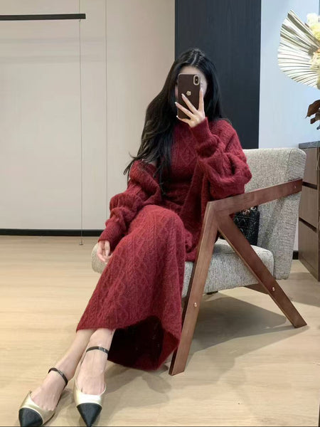 Elda Luxe Winter Dress With Cape - seated shot, dark red - Miss Mosa By Akanksha