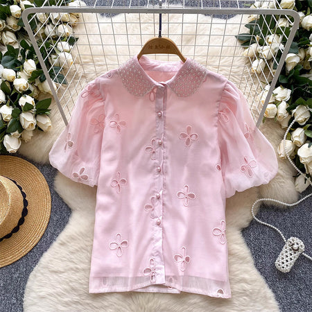 Elea Embellished Collar Top In Pink - flat-lay product shot - Miss Mosa By Akanksha