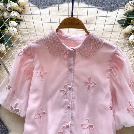 Elea Embellished Collar Top In Pink - close-up of collar detail - Miss Mosa By Akanksha